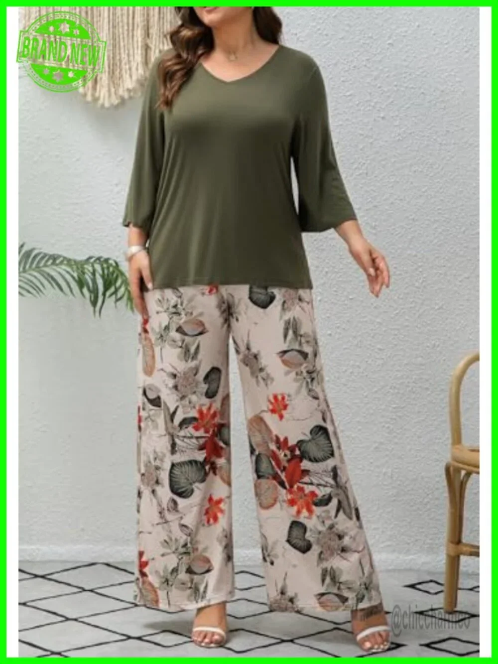 Plus Size 2 Piece Outfits 3/4 Sleeve Tunic Top Floral Print Wide Leg Pant Sets